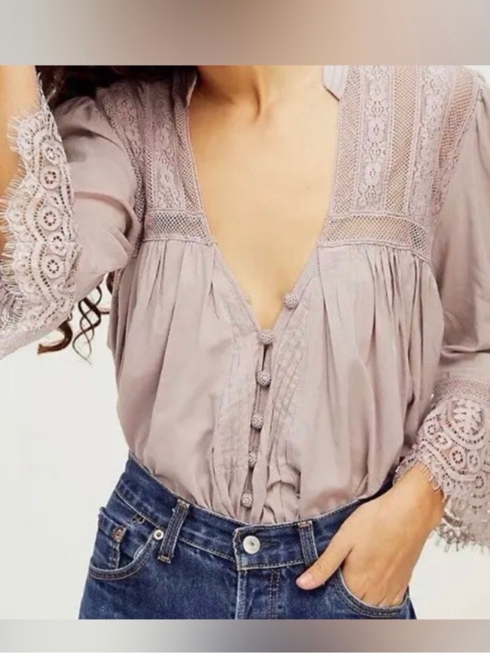 Free People Lace-Trim Button Front Blouse in Mauve